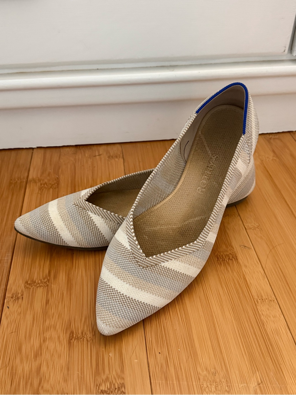 Rothy's Pointed-Toe Flats In Beige And Cream Striped